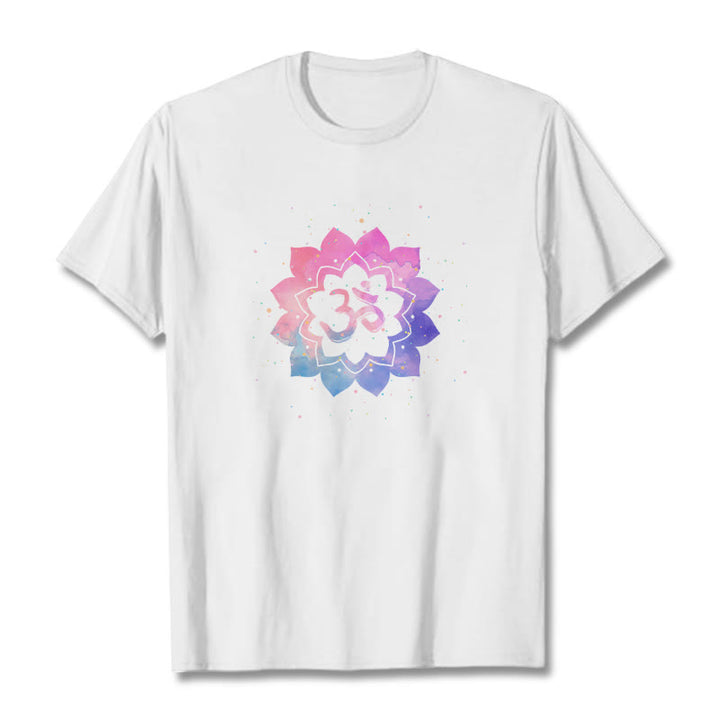 Buddha Stones Om Kolorowy Lotos Bawełniana Koszulka T-shirt - Biały - 2XL - image 1