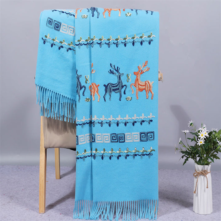 Szal z tkaniny Rayon z Buddha Stones, haftowany jeleń Sika, frędzle, zimowy, przytulny szalik podróżny