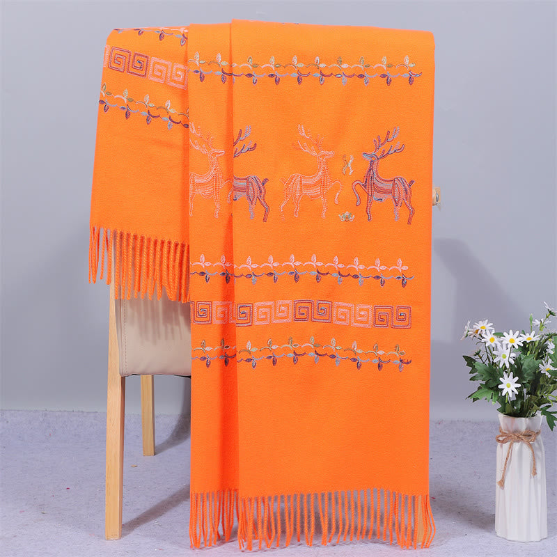 Szal z tkaniny Rayon z Buddha Stones, haftowany jeleń Sika, frędzle, zimowy, przytulny szalik podróżny
