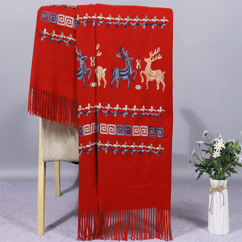 Szal z tkaniny Rayon z Buddha Stones, haftowany jeleń Sika, frędzle, zimowy, przytulny szalik podróżny