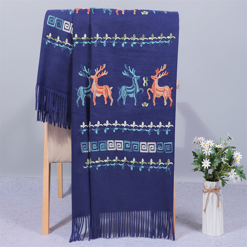 Szal z tkaniny Rayon z Buddha Stones, haftowany jeleń Sika, frędzle, zimowy, przytulny szalik podróżny