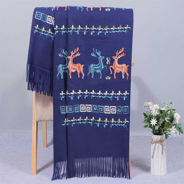 Szal z tkaniny Rayon z Buddha Stones, haftowany jeleń Sika, frędzle, zimowy, przytulny szalik podróżny