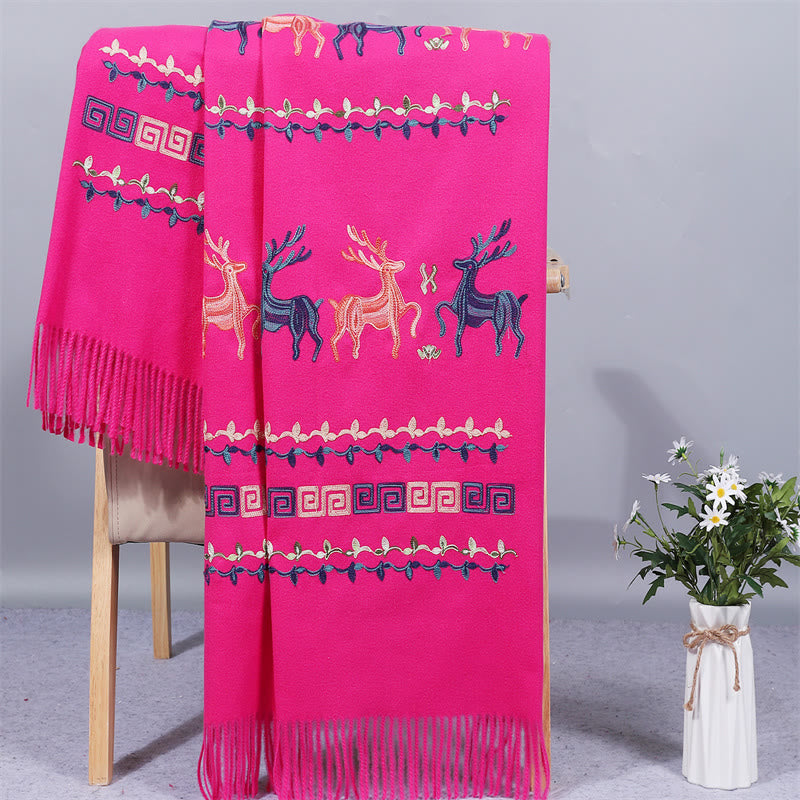 Szal z tkaniny Rayon z Buddha Stones, haftowany jeleń Sika, frędzle, zimowy, przytulny szalik podróżny