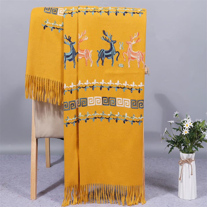 Szal z tkaniny Rayon z Buddha Stones, haftowany jeleń Sika, frędzle, zimowy, przytulny szalik podróżny
