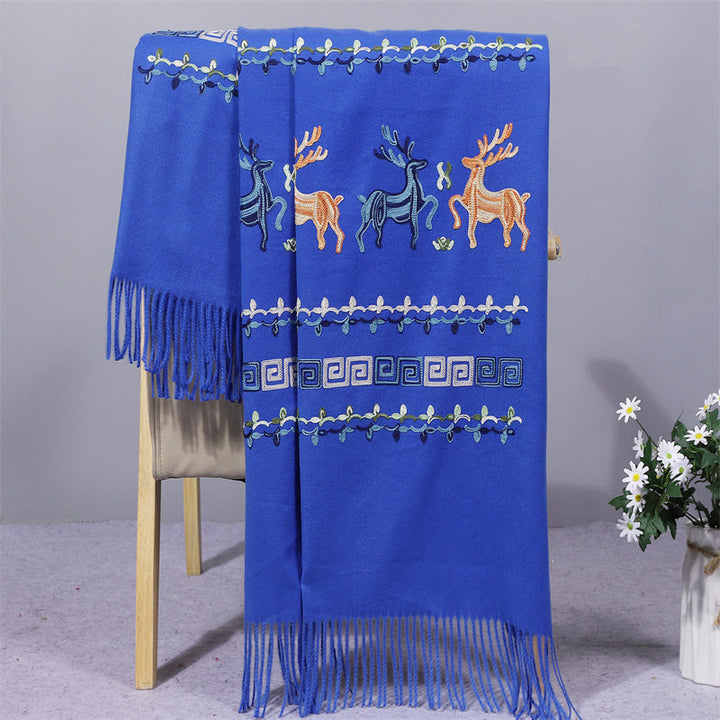 Szal z tkaniny Rayon z Buddha Stones, haftowany jeleń Sika, frędzle, zimowy, przytulny szalik podróżny