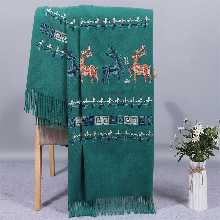 Szal z tkaniny Rayon z Buddha Stones, haftowany jeleń Sika, frędzle, zimowy, przytulny szalik podróżny
