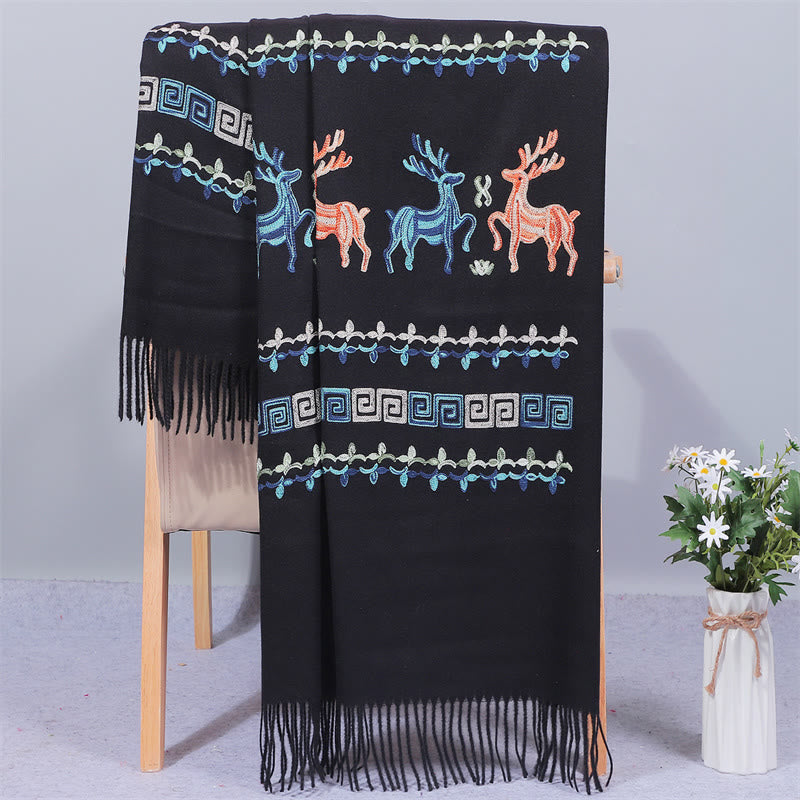 Szal z tkaniny Rayon z Buddha Stones, haftowany jeleń Sika, frędzle, zimowy, przytulny szalik podróżny