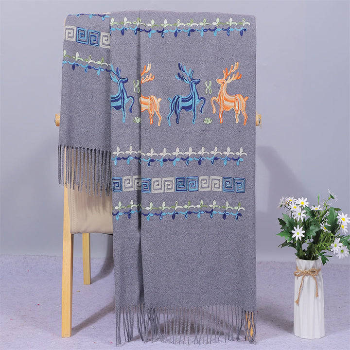 Szal z tkaniny Rayon z Buddha Stones, haftowany jeleń Sika, frędzle, zimowy, przytulny szalik podróżny