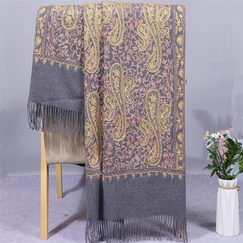 Szal z tkaniny Rayon z Buddha Stones , złote kwiaty nerkowca, haftowany frędzel, zimowy, przytulny szalik podróżny