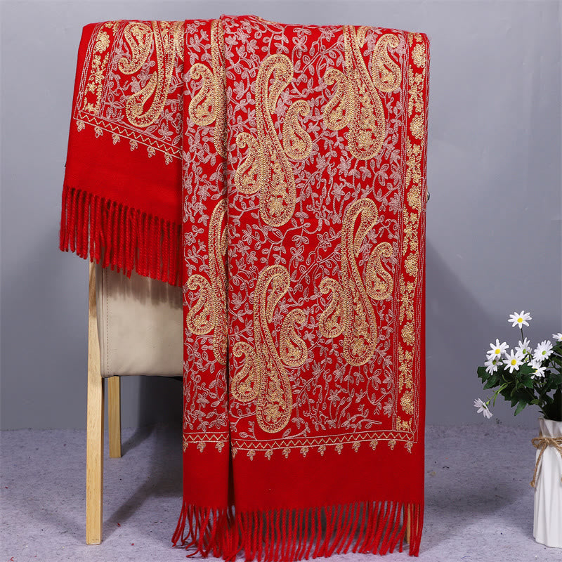 Szal z tkaniny Rayon z Buddha Stones , złote kwiaty nerkowca, haftowany frędzel, zimowy, przytulny szalik podróżny