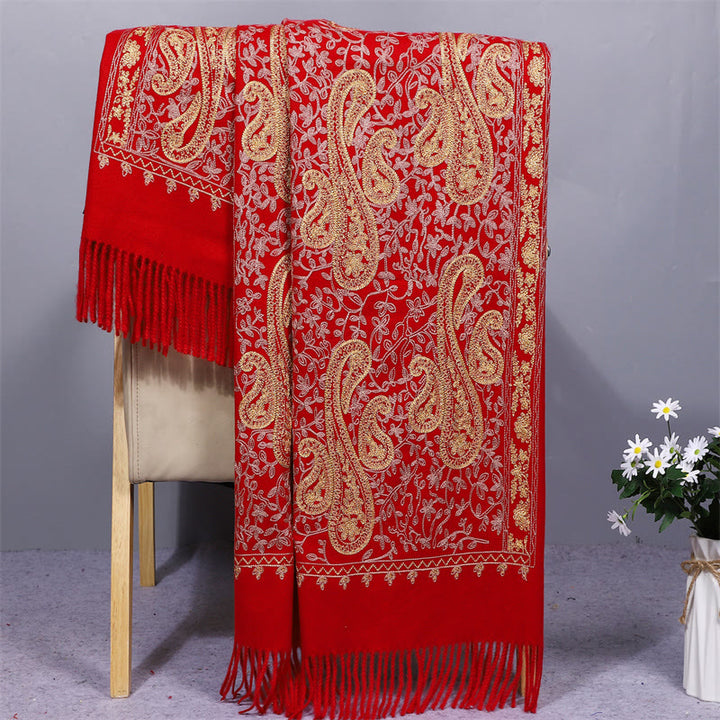 Szal z tkaniny Rayon z Buddha Stones , złote kwiaty nerkowca, haftowany frędzel, zimowy, przytulny szalik podróżny
