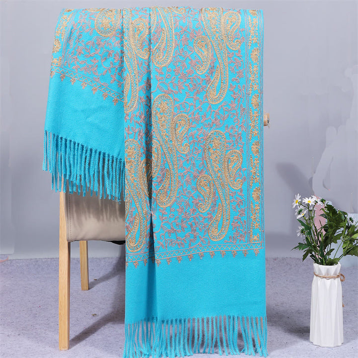 Szal z tkaniny wiskozowej z Buddha Stones , złote kwiaty nerkowca, haftowany frędzel, zimowy, przytulny szalik podróżny - LightSkyBlue - 200*70 cm - image 11