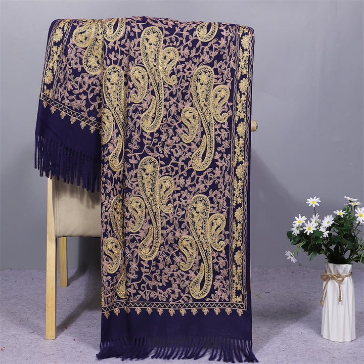 Szal z tkaniny Rayon z Buddha Stones , złote kwiaty nerkowca, haftowany frędzel, zimowy, przytulny szalik podróżny
