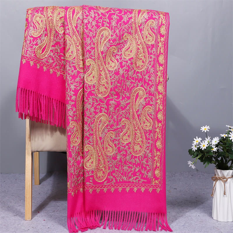 Szal z tkaniny Rayon z Buddha Stones , złote kwiaty nerkowca, haftowany frędzel, zimowy, przytulny szalik podróżny
