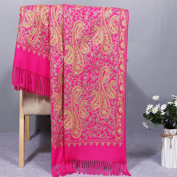 Szal z tkaniny Rayon z Buddha Stones , złote kwiaty nerkowca, haftowany frędzel, zimowy, przytulny szalik podróżny