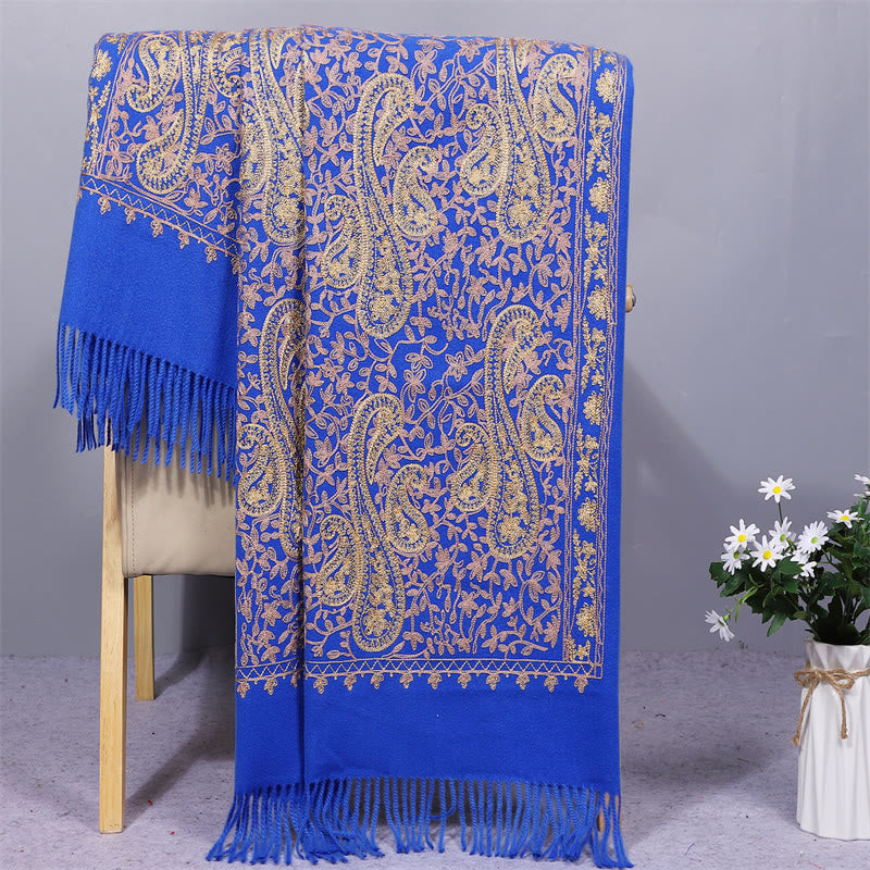 Szal z tkaniny wiskozowej z Buddha Stones , złote kwiaty nerkowca, haftowany frędzel, zimowy, przytulny szalik podróżny - RoyalBlue - 200*70 cm - image 6