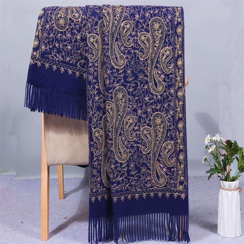 Szal z tkaniny Rayon z Buddha Stones , złote kwiaty nerkowca, haftowany frędzel, zimowy, przytulny szalik podróżny