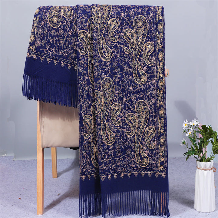 Szal z tkaniny Rayon z Buddha Stones , złote kwiaty nerkowca, haftowany frędzel, zimowy, przytulny szalik podróżny