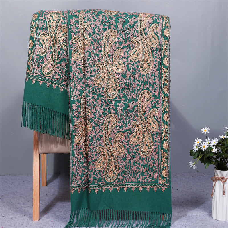 Szal z tkaniny wiskozowej z Buddha Stones , złote kwiaty nerkowca, haftowany frędzel, zimowy, przytulny szalik podróżny - Cyraneczka - 200*70 cm - image 0