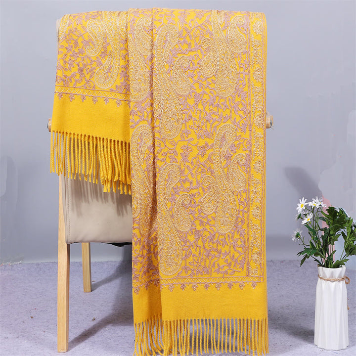 Szal z tkaniny Rayon z Buddha Stones , złote kwiaty nerkowca, haftowany frędzel, zimowy, przytulny szalik podróżny