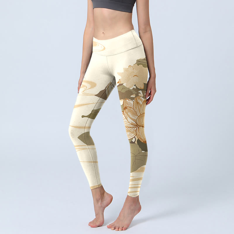 Buddha Stones Beżowy Lotos Kwiat Nadruk Gym Fitness Legginsy Damskie Spodnie Do Jogi - Beżowy - US18, UK/AU22, EU50 (4XL) - image 1