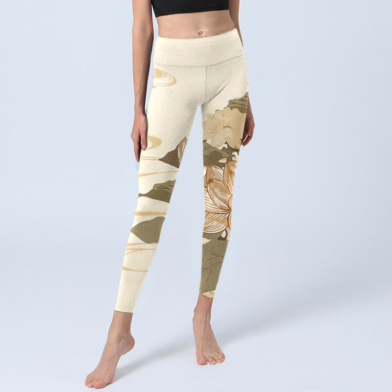 Buddha Stones Beżowy Lotos Kwiat Nadruk Gym Fitness Legginsy Damskie Spodnie Do Jogi - image 5
