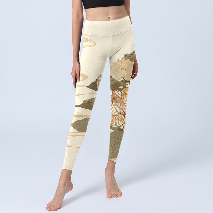 Buddha Stones Beżowy Lotos Kwiat Nadruk Gym Fitness Legginsy Damskie Spodnie Do Jogi - image 5