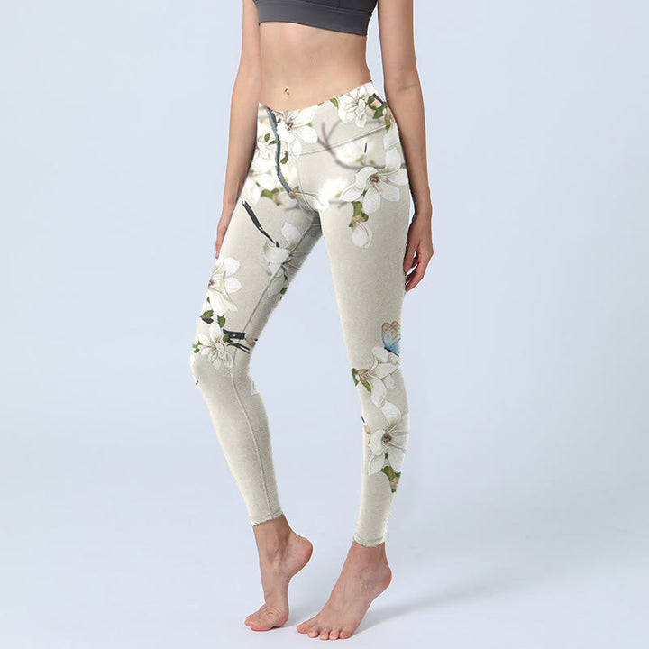 Buddha Stones Białe Magnolia Kwiat Nadruk Sportowe Leginsy Fitness Damskie Spodnie Do Jogi - Bielizna - US18, UK/AU22, EU50 (4XL) - image 0