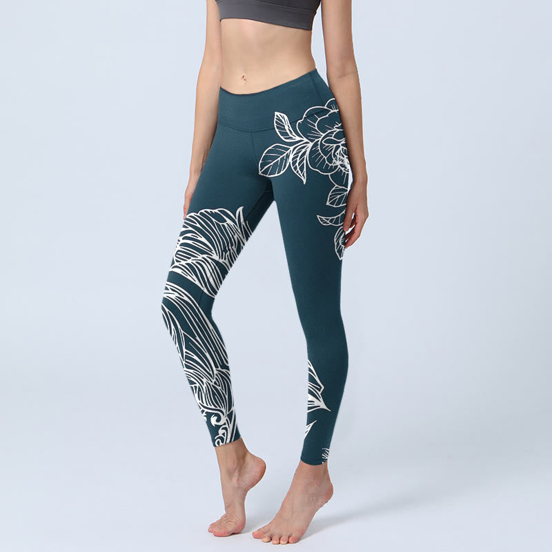 Buddha Stones Piwonia Epifyllum Kwiaty Nadruk Leginsy Fitness Siłownia Damskie Spodnie Do Jogi - Stalowoniebieski - US18, UK/AU22, EU50 (4XL) - image 0