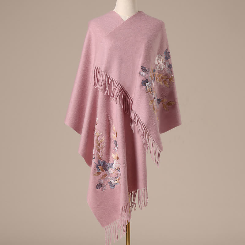 Buddha Stones Wełniany Szal Białe Różowe Kwiaty Złote Liście Haft Chwost Zimowy Przytulny Podróżny Szalik Otulacz