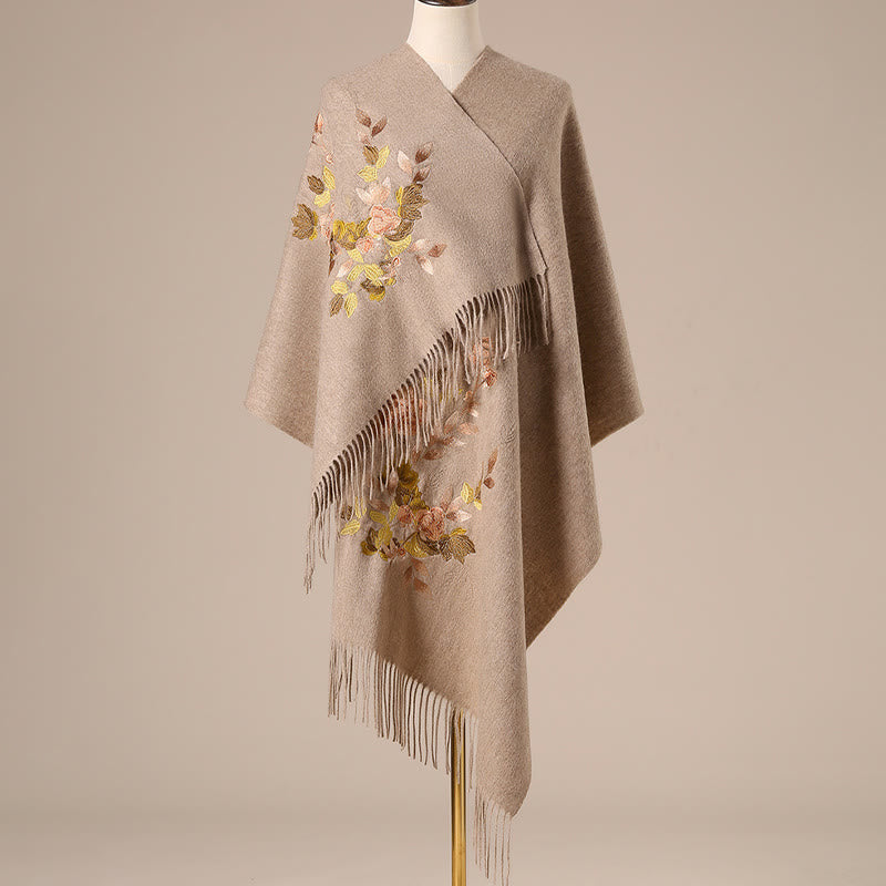 Buddha Stones Wełniany Szal Białe Różowe Kwiaty Złote Liście Haft Chwost Zimowy Przytulny Podróżny Szalik Otulacz