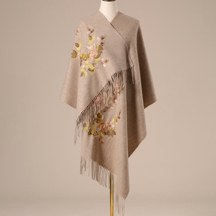 Buddha Stones Wełniany Szal Białe Różowe Kwiaty Złote Liście Haft Chwost Zimowy Przytulny Podróżny Szalik Otulacz