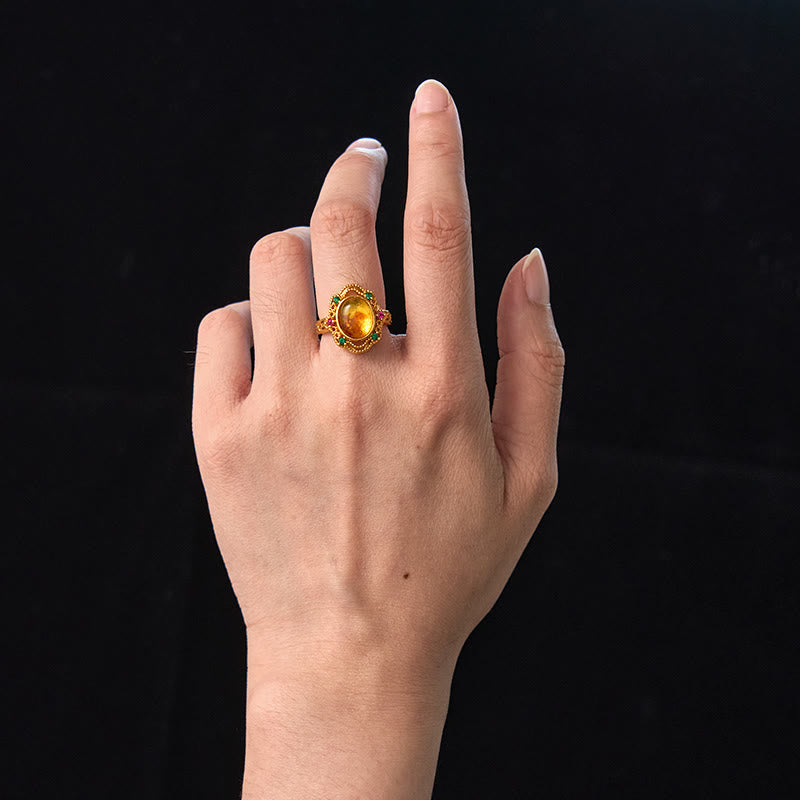 Pierścionek regulowany Buddha Stones Flower Amber Hollow Lace Confidence