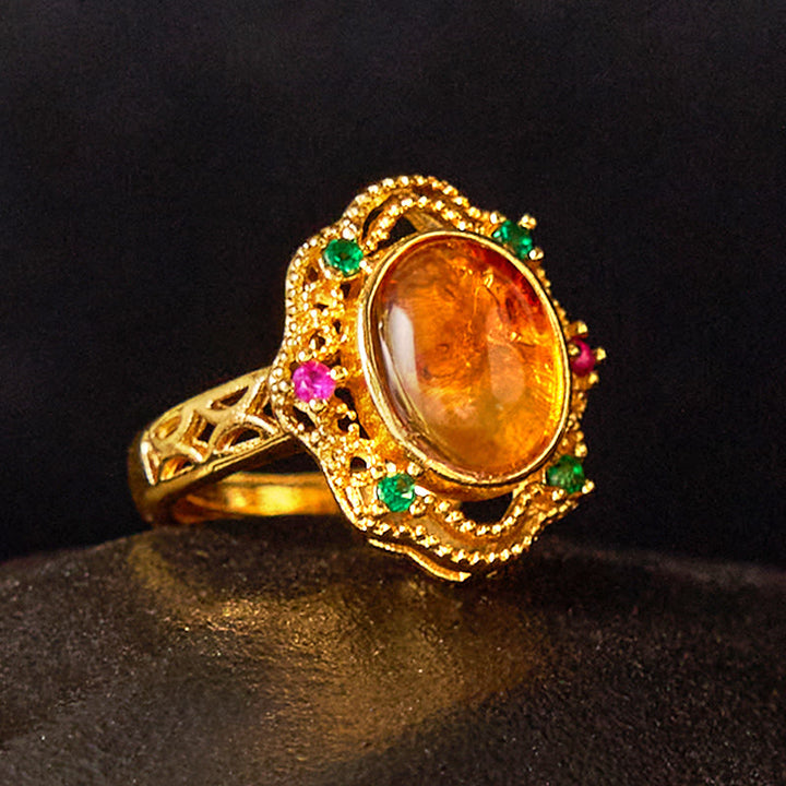 Pierścionek regulowany Buddha Stones Flower Amber Hollow Lace Confidence