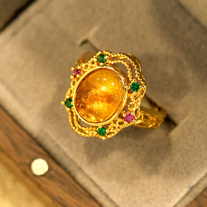 Pierścionek regulowany Buddha Stones Flower Amber Hollow Lace Confidence