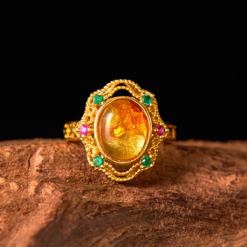 Pierścionek regulowany Buddha Stones Flower Amber Hollow Lace Confidence