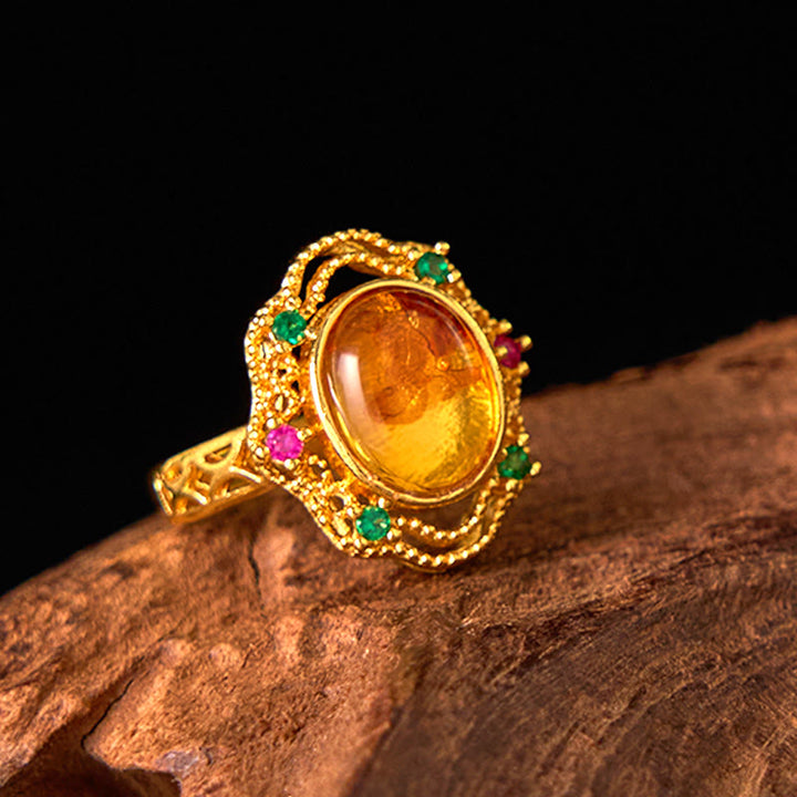 Pierścionek regulowany Buddha Stones Flower Amber Hollow Lace Confidence