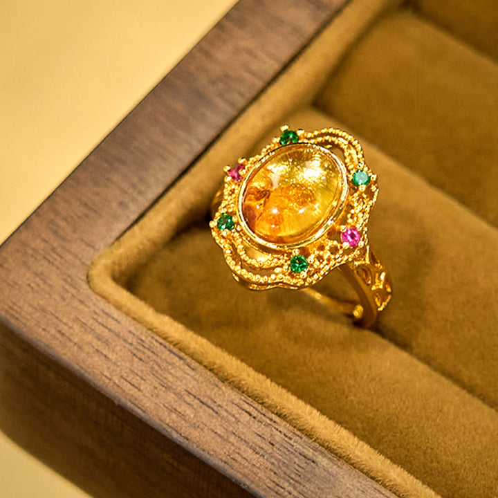 Pierścionek regulowany Buddha Stones Flower Amber Hollow Lace Confidence