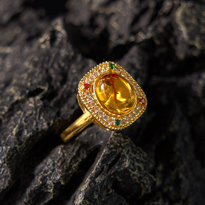 Buddha Stones Naturalny Bursztyn Kwiat Kwadrat Wsparcie Pełny Diamentowy Pierścień Pewności Siebie