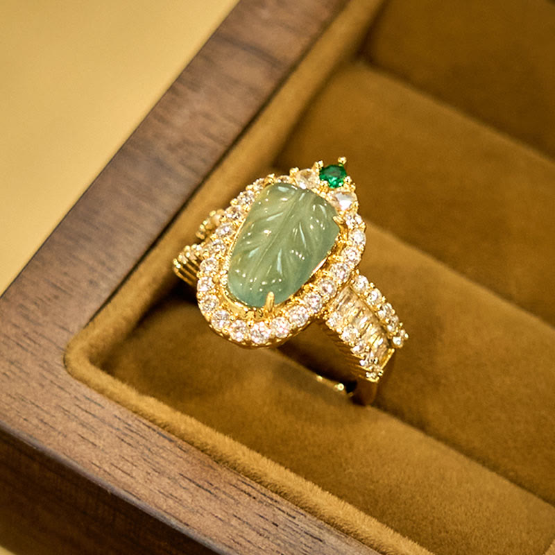 Buddha Stones Miedziane Złoto Naturalny Jade Liść Pełny Diamentów Pierścień Szczęścia Regulowany