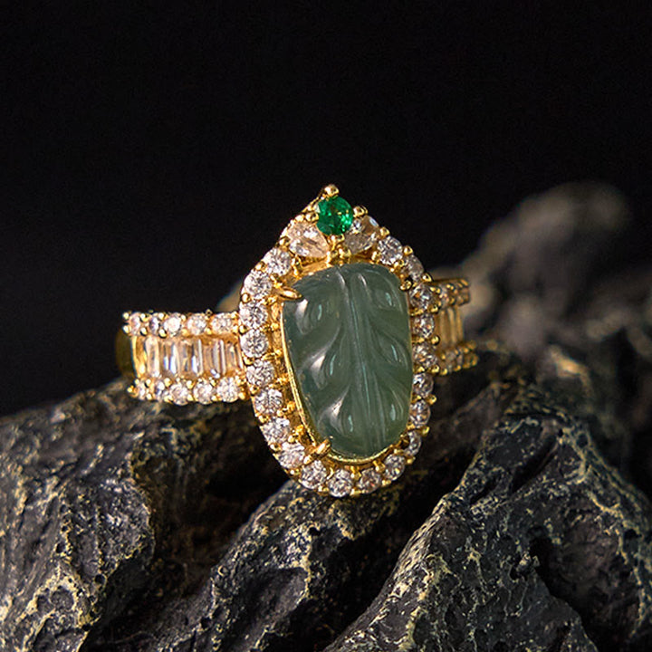 Buddha Stones Miedziane Złoto Naturalny Jade Liść Pełny Diamentów Pierścień Szczęścia Regulowany