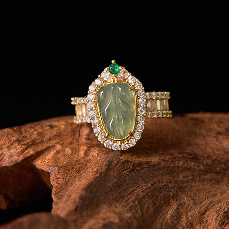 Buddha Stones Miedziane Złoto Naturalny Jade Liść Pełny Diamentów Pierścień Szczęścia Regulowany