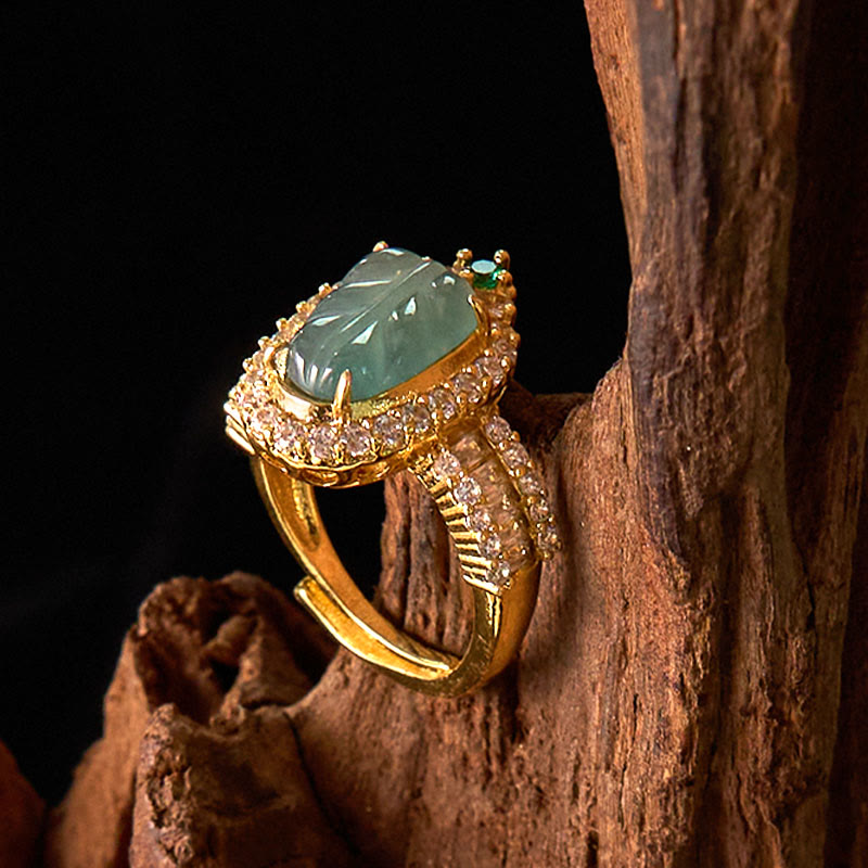 Buddha Stones Miedziane Złoto Naturalny Jade Liść Pełny Diamentów Pierścień Szczęścia Regulowany