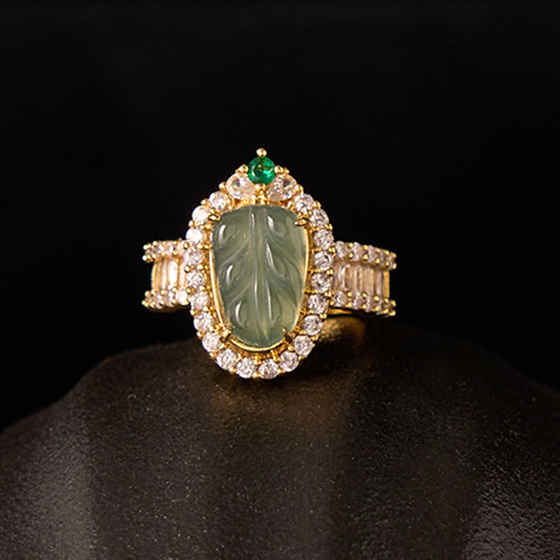 Buddha Stones Miedziane Złoto Naturalny Jade Liść Pełny Diamentów Pierścień Szczęścia Regulowany