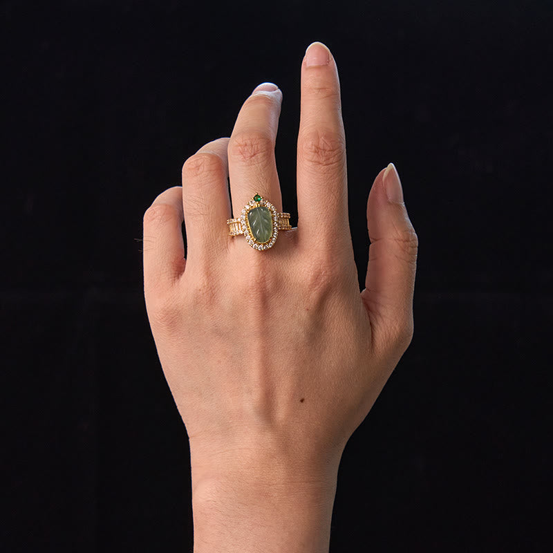 Buddha Stones Miedziane Złoto Naturalny Jade Liść Pełny Diamentów Pierścień Szczęścia Regulowany