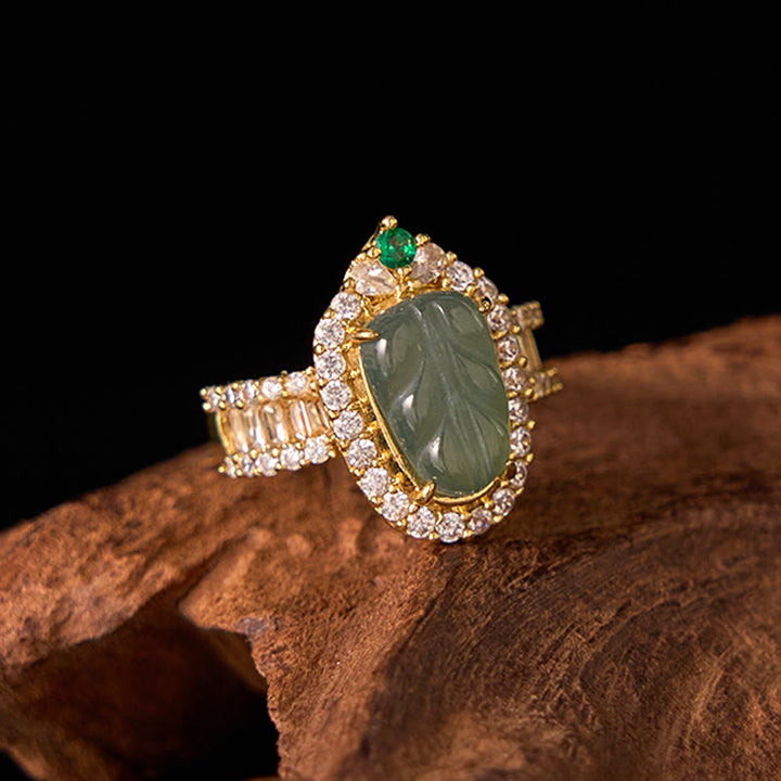 Buddha Stones Miedziane Złoto Naturalny Jade Liść Pełny Diamentów Pierścień Szczęścia Regulowany