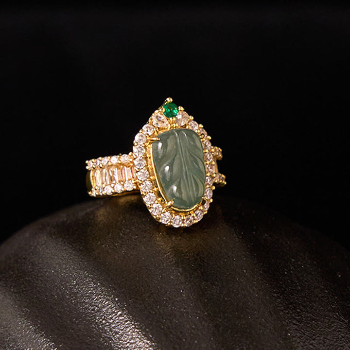 Buddha Stones Miedziane Złoto Naturalny Jade Liść Pełny Diamentów Pierścień Szczęścia Regulowany