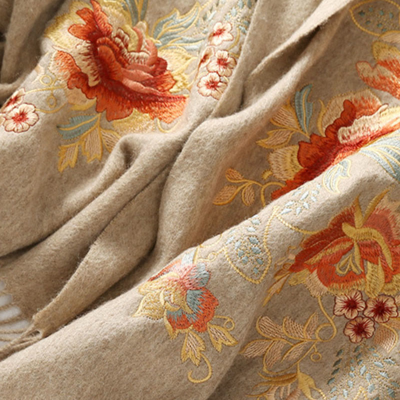 Szal z wełny z Buddha Stones, czerwone kwiaty, liście, haft, frędzle, zimowy, przytulny szalik podróżny - image 8