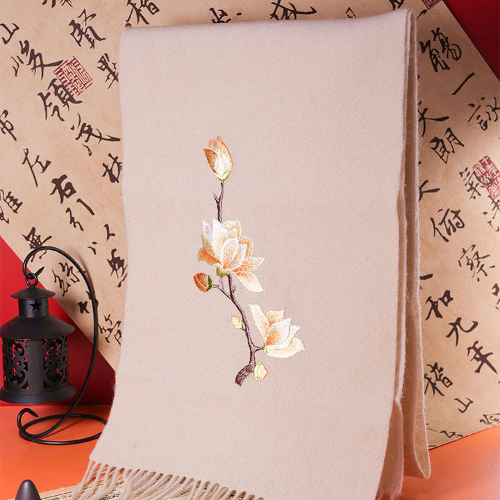 Szal z wełny z Buddha Stones Yulan Magnolia Haftowany frędzel Zimowy przytulny szalik podróżny - 180*37 cm - image 0