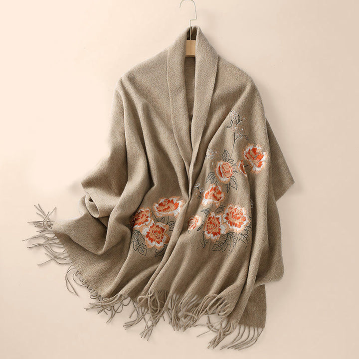 Szal z wełny z Buddha Stones , czerwona piwonia, haftowany frędzel, zimowy, przytulny szalik podróżny - image 3